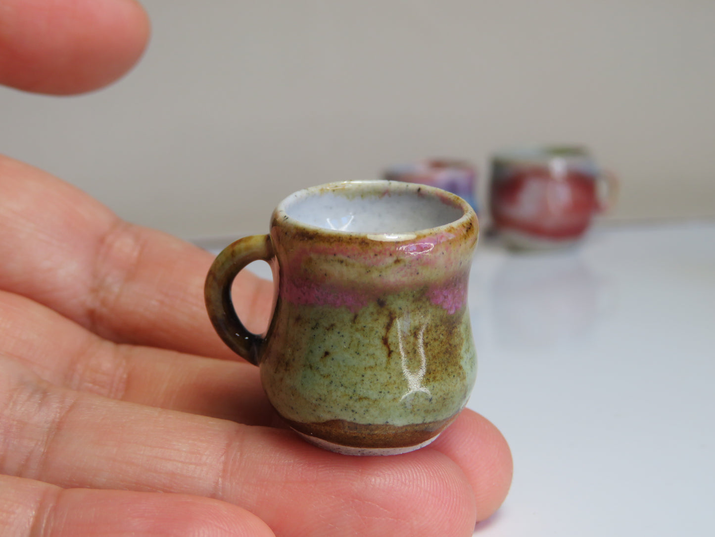 Handmade Miniature Pottery Coffee/ Tea Mugs. Turquoise & Pink Tone. Hand thrown Miniature Ceramic. Beautiful Miniature Collectibles, Dollhouse, Pendants