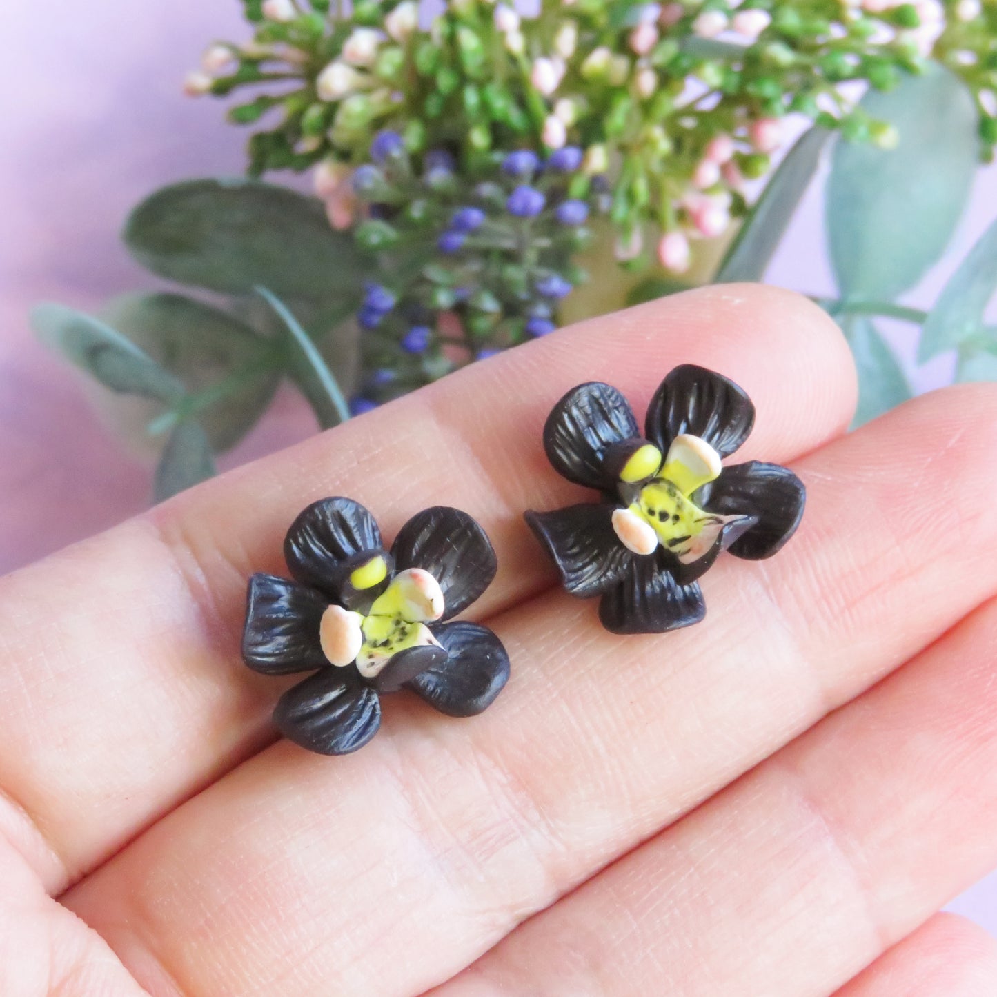 Black Orchid Flower Stud Earrings