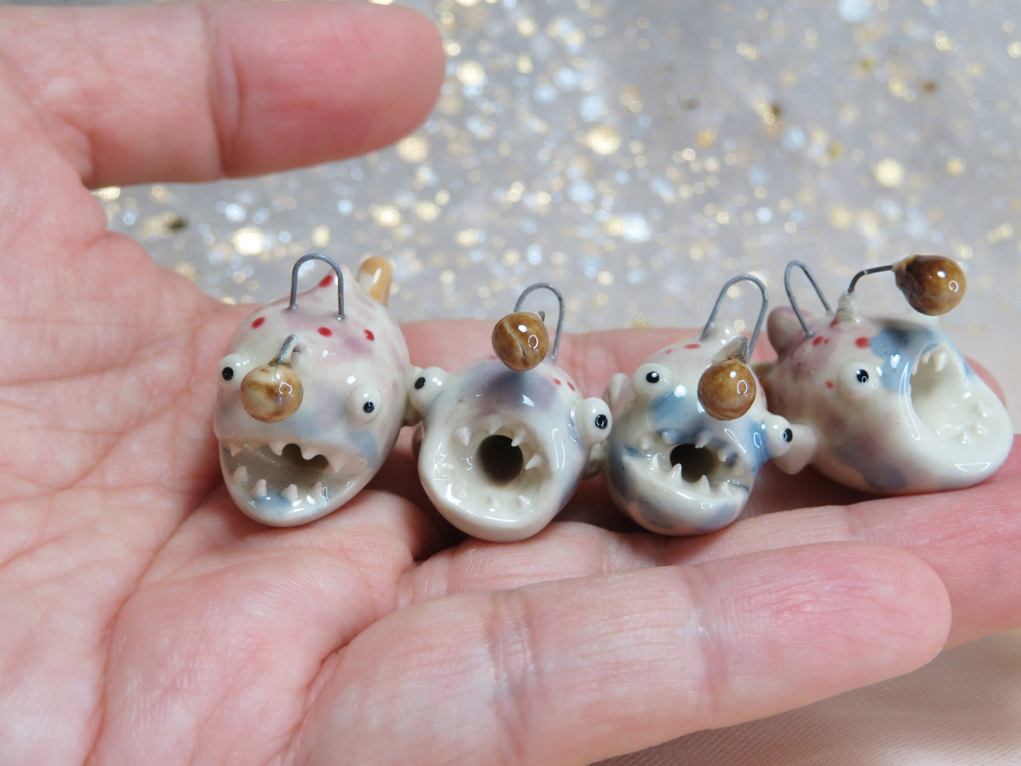 Ceramic Anglerfish Pendants. Deep sea fish. Angler Fish Charms. Marine Ocean Gift. Handmade Miniature Ceramic. Beautiful Miniature Collectibles