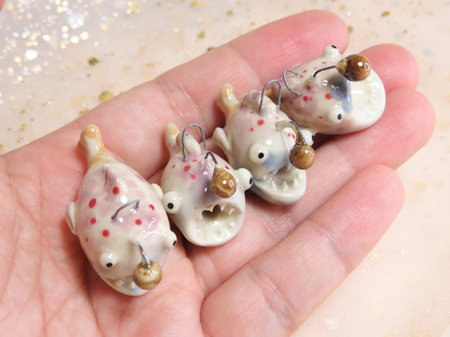 Ceramic Anglerfish Pendants. Deep sea fish. Angler Fish Charms. Marine Ocean Gift. Handmade Miniature Ceramic. Beautiful Miniature Collectibles