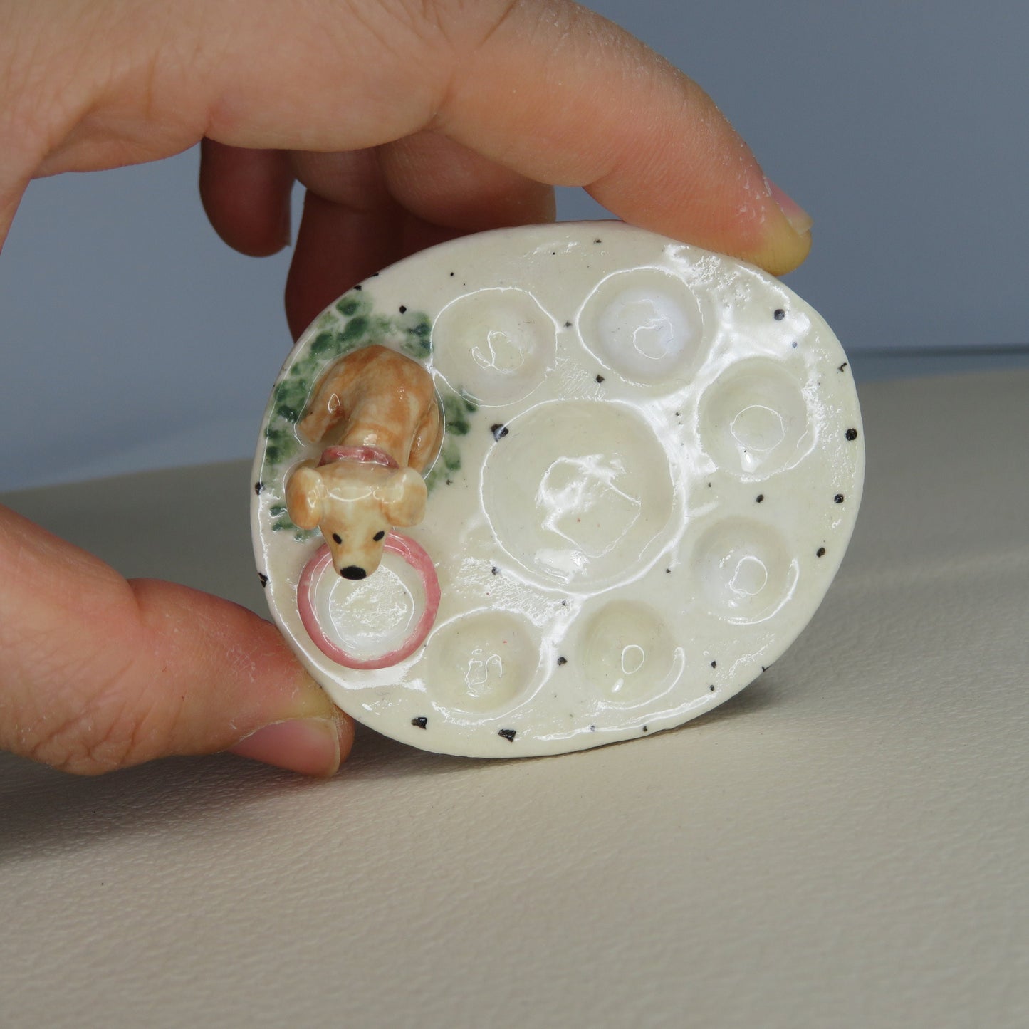 Handmade Pottery Paint Palette. Cute Puppy 2. Ceramic Paint Dish. Beautiful Collectibles. Handbuilt Pottery. Special Gift.
