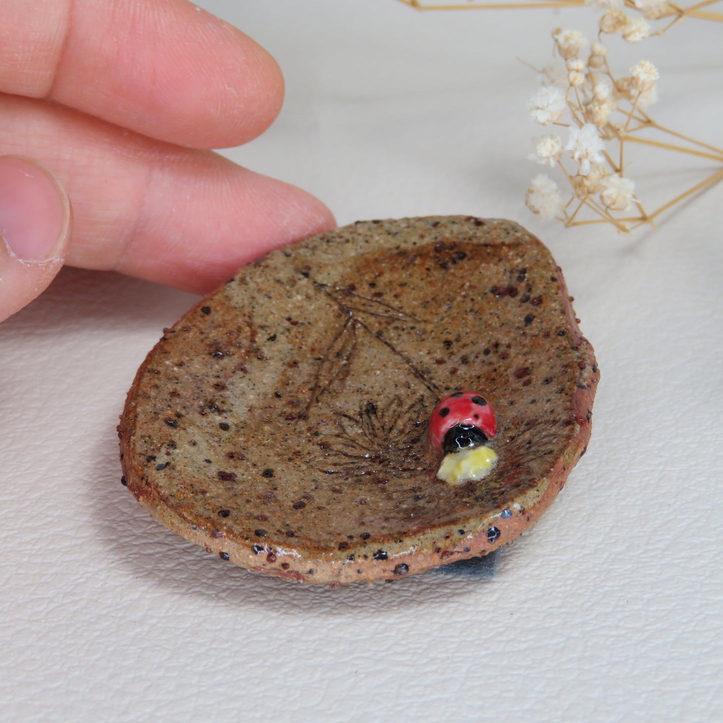 Handmade Pottery Trinket Dish. Labybug on Bloom. Jewelry Dish. Beautiful Collectibles. Handbuilt Pottery. Special Gift.