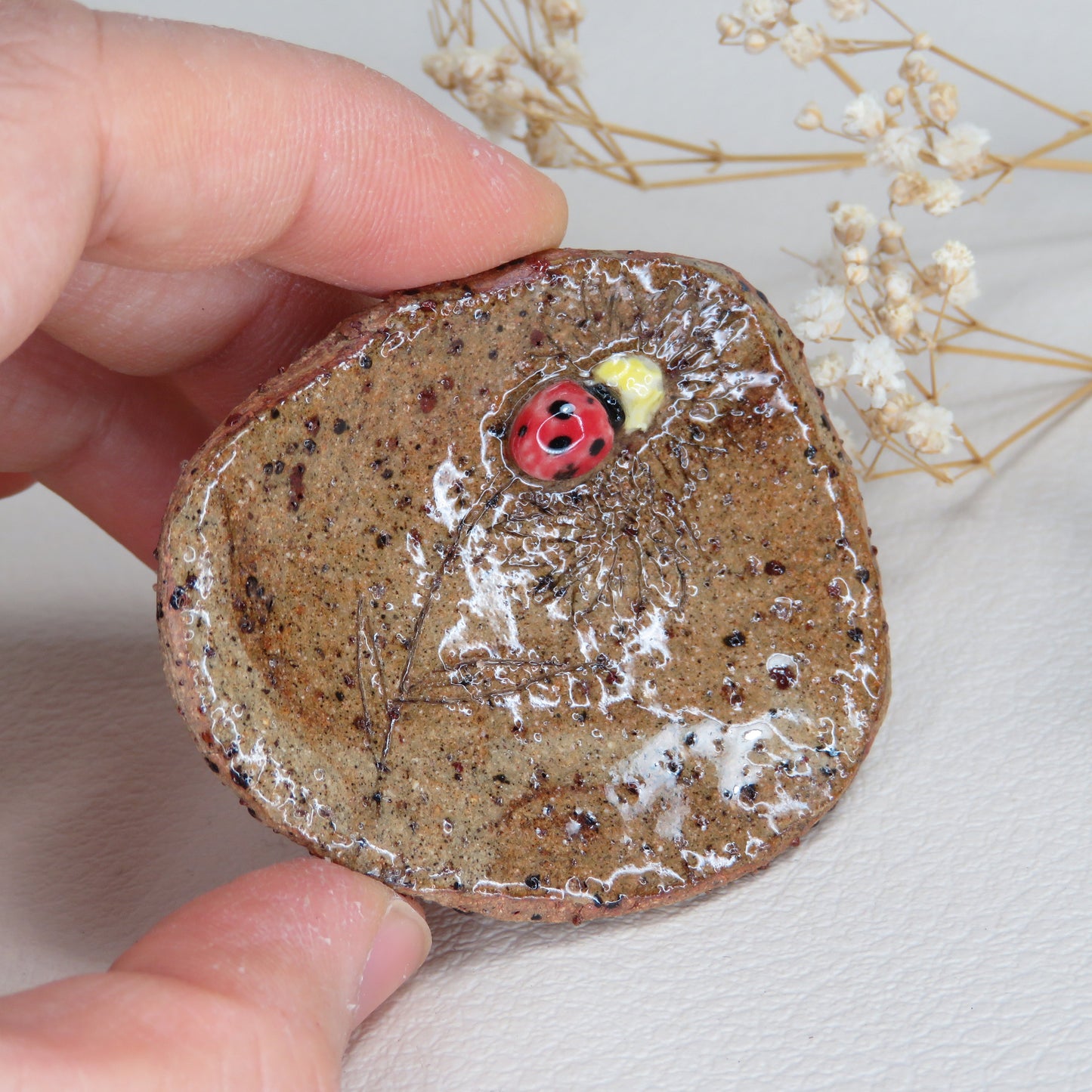Handmade Pottery Trinket Dish. Labybug on Bloom. Jewelry Dish. Beautiful Collectibles. Handbuilt Pottery. Special Gift.