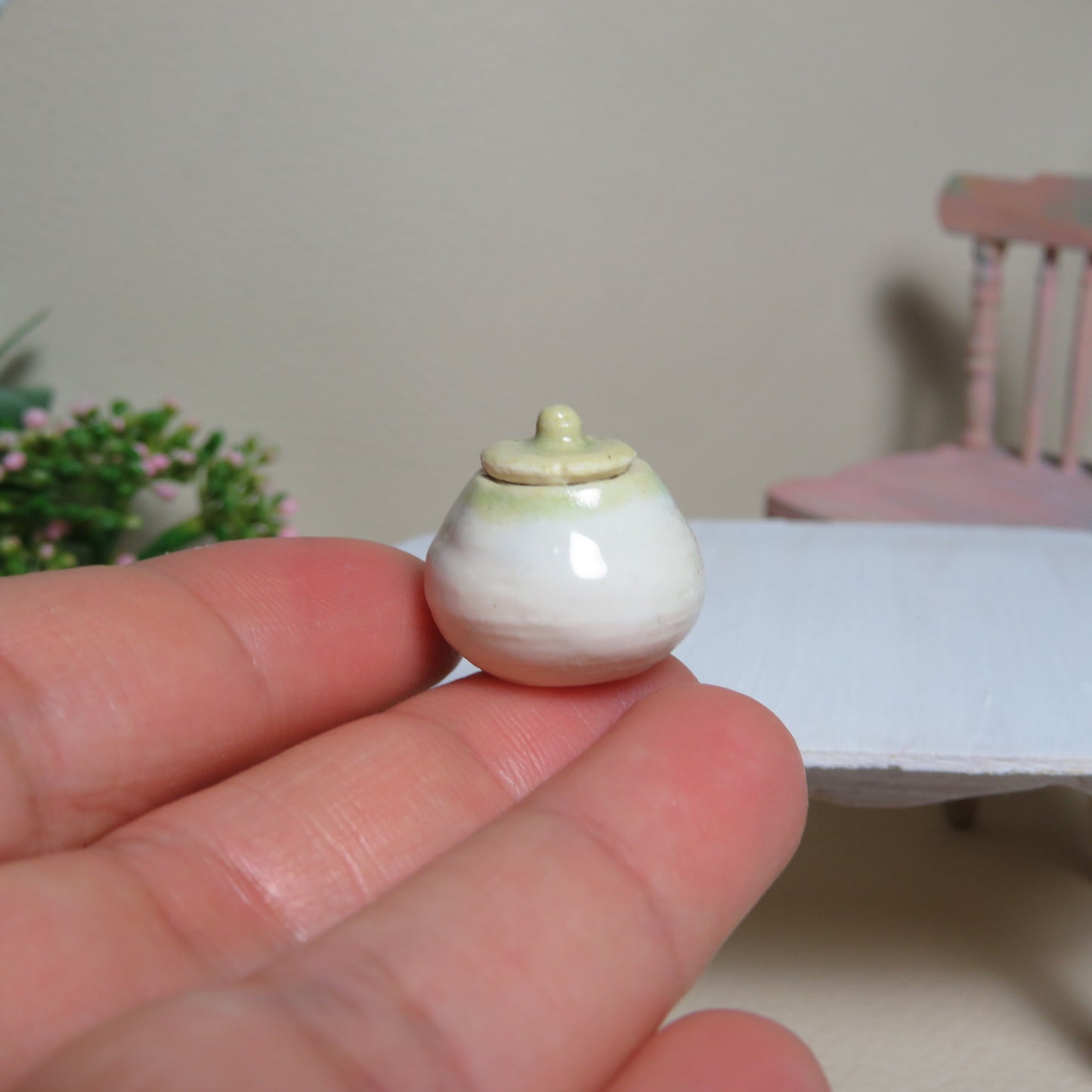 Handmade Miniature Round Lidded Pot. White. Hand thrown Miniature Ceramic. Beautiful Miniature Collectibles, Dollhouse