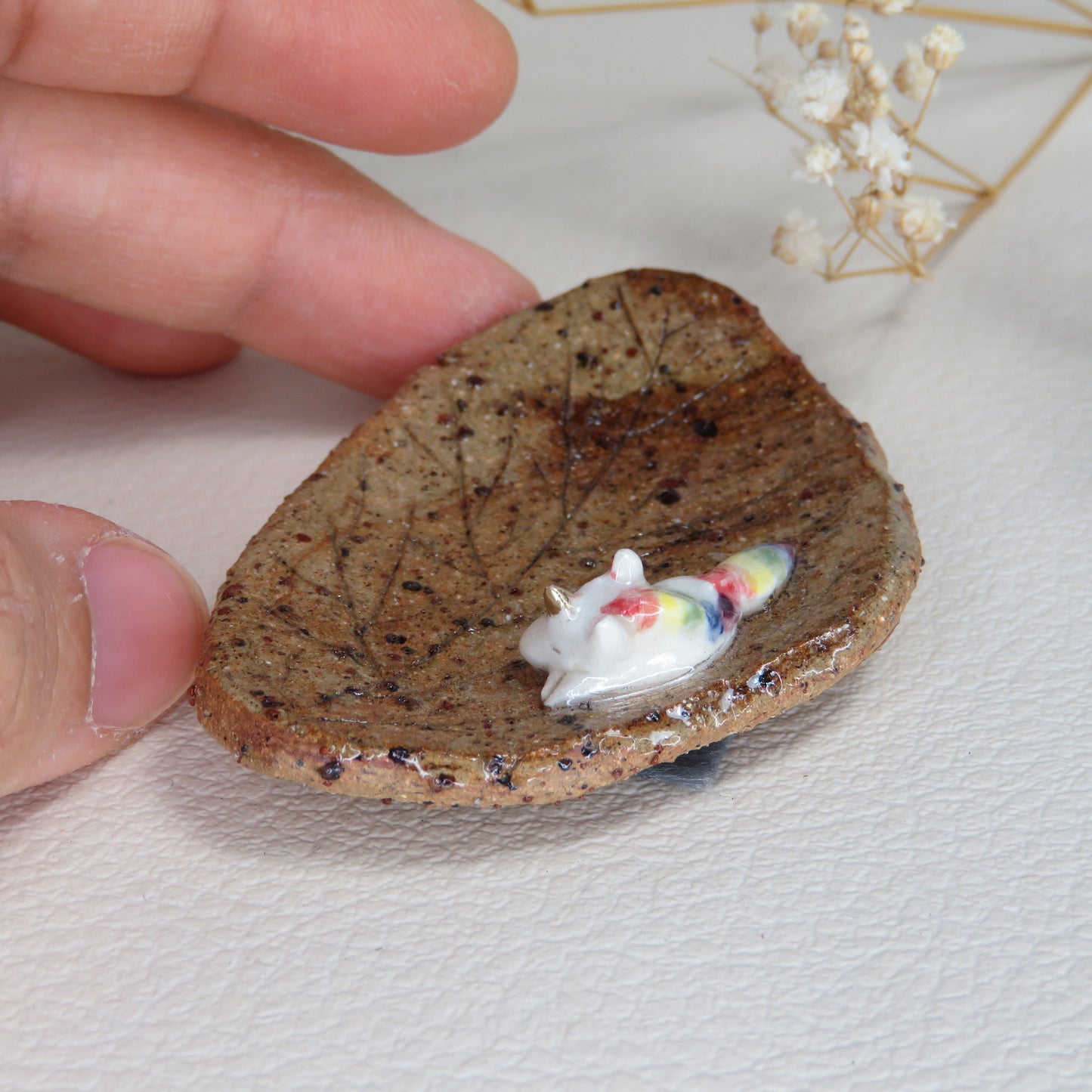 Handmade Pottery Trinket Dish. Unicorn Resting on an Autumn Leaf. Jewelry Dish. Beautiful Collectibles. Handbuilt Pottery. Special Gift.