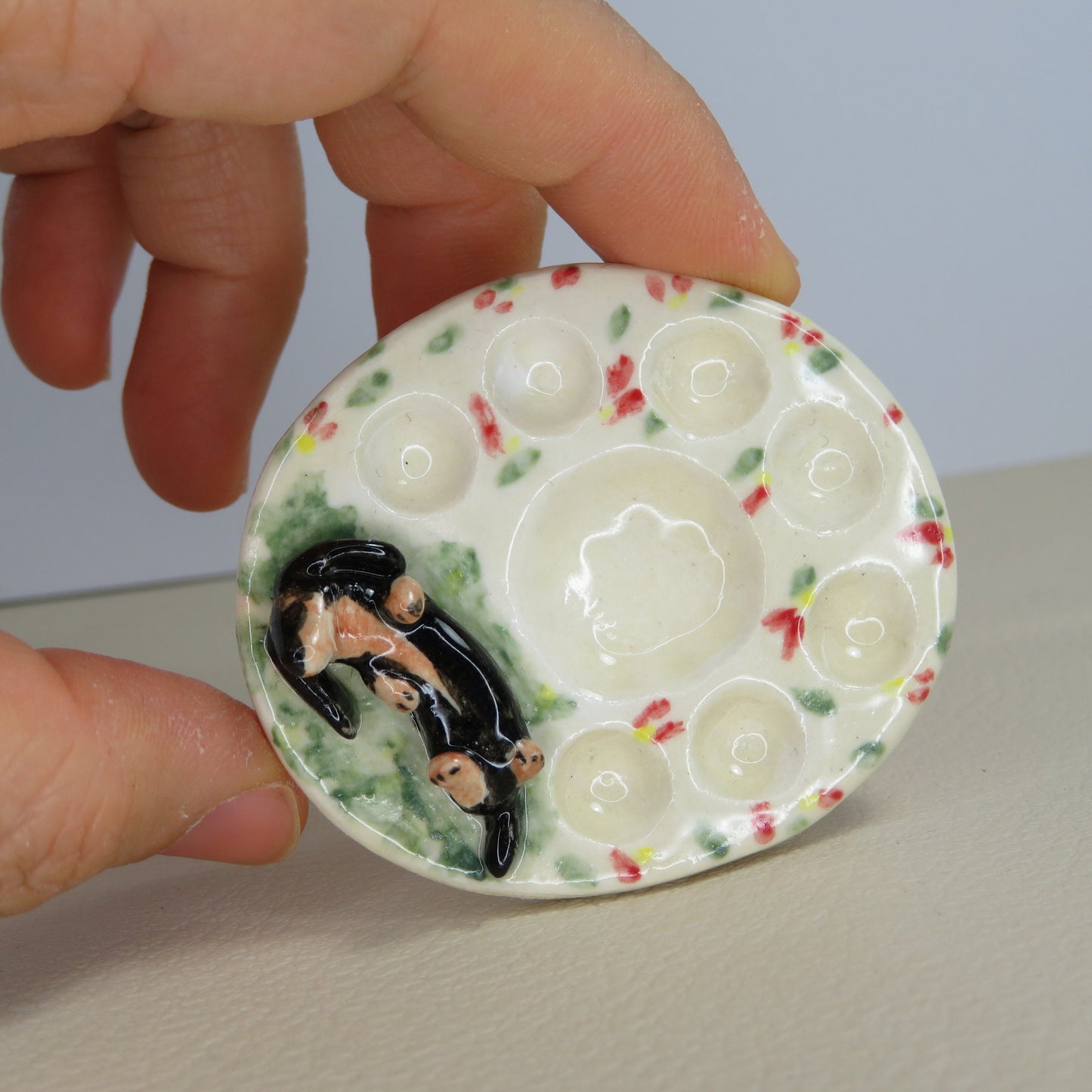 Handmade Pottery Paint Palette. Sleepy Dachshund on Grass. Ceramic Paint Dish. Beautiful Collectibles. Handbuilt Pottery. Special Gift.