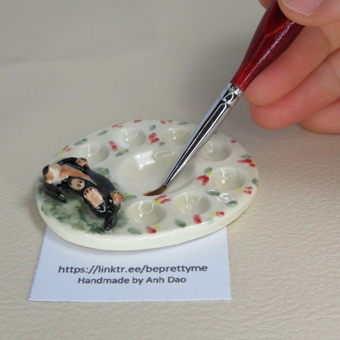 Handmade Pottery Paint Palette. Sleepy Dachshund on Grass. Ceramic Paint Dish. Beautiful Collectibles. Handbuilt Pottery. Special Gift.
