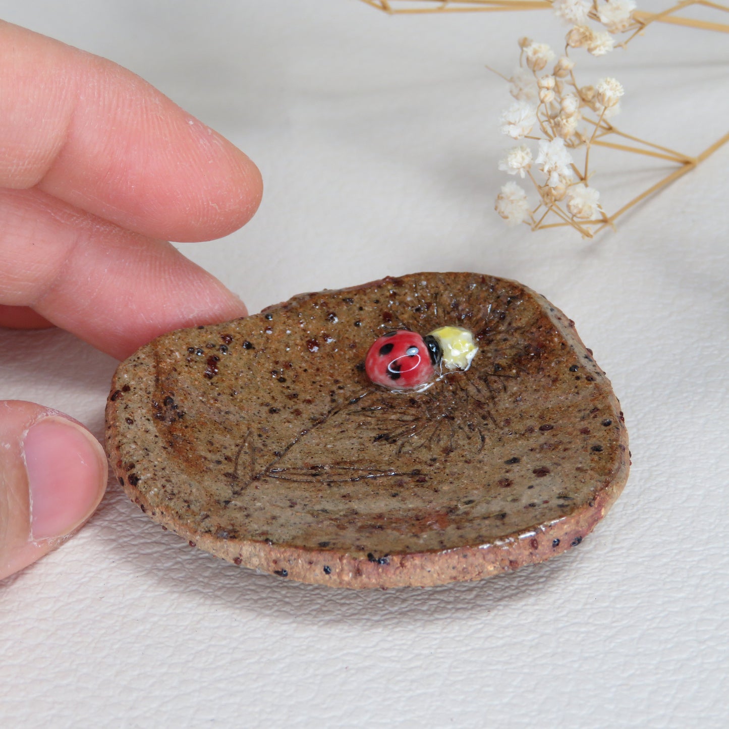 Handmade Pottery Trinket Dish. Labybug on Bloom. Jewelry Dish. Beautiful Collectibles. Handbuilt Pottery. Special Gift.