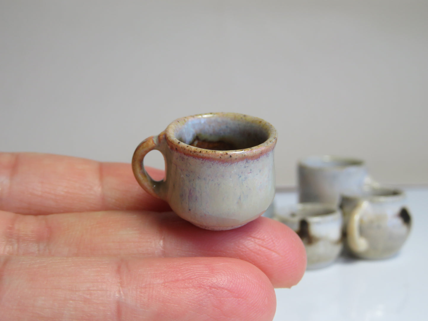Handmade Miniature Pottery Coffee/ Tea Mugs. Winter Wood & Opal Tone. Hand thrown Miniature Ceramic. Beautiful Miniature Collectibles, Dollhouse, Pendants