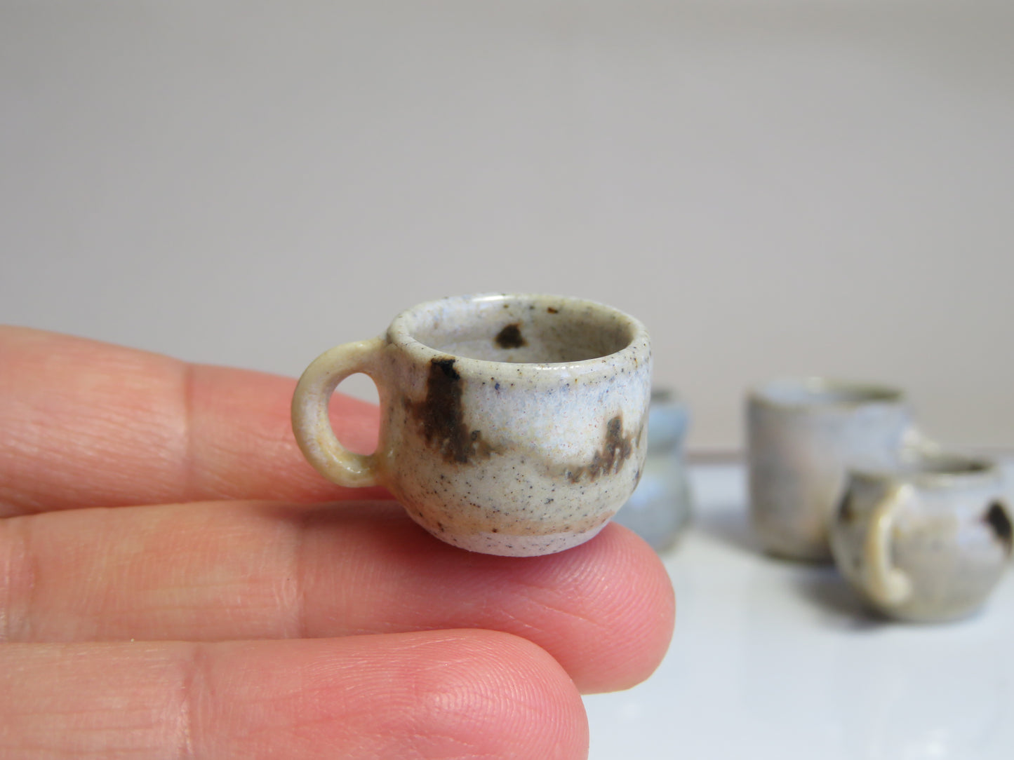 Handmade Miniature Pottery Coffee/ Tea Mugs. Winter Wood & Opal Tone. Hand thrown Miniature Ceramic. Beautiful Miniature Collectibles, Dollhouse, Pendants