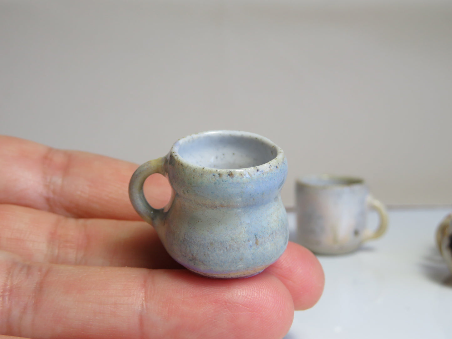 Handmade Miniature Pottery Coffee/ Tea Mugs. Winter Wood & Opal Tone. Hand thrown Miniature Ceramic. Beautiful Miniature Collectibles, Dollhouse, Pendants