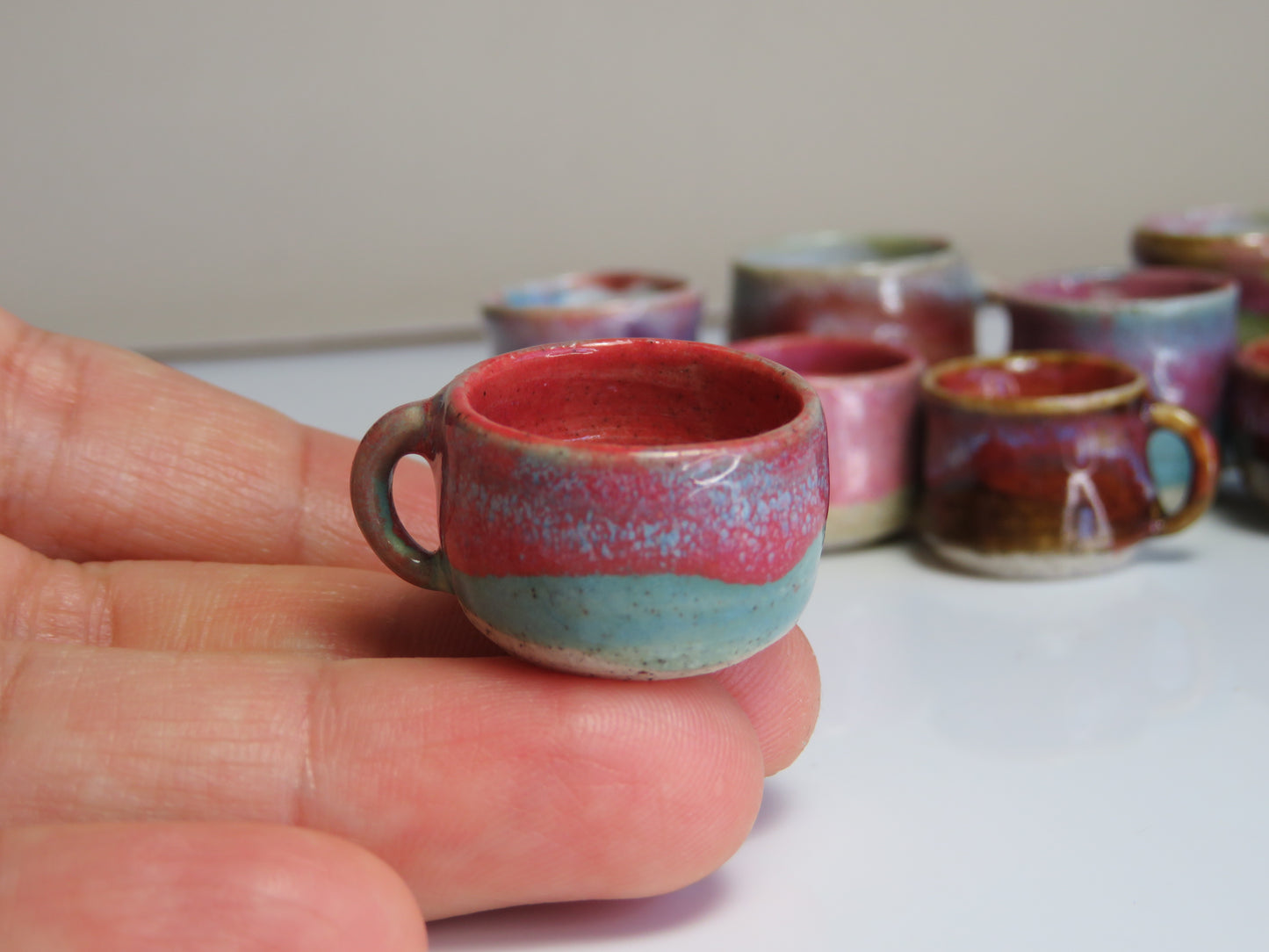 Handmade Miniature Pottery Coffee/ Tea Mugs. Turquoise & Pink Tone. Hand thrown Miniature Ceramic. Beautiful Miniature Collectibles, Dollhouse, Pendants