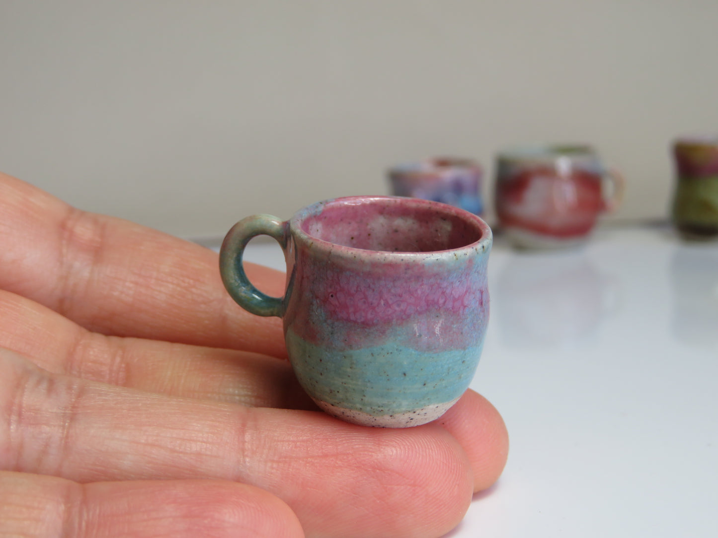 Handmade Miniature Pottery Coffee/ Tea Mugs. Turquoise & Pink Tone. Hand thrown Miniature Ceramic. Beautiful Miniature Collectibles, Dollhouse, Pendants