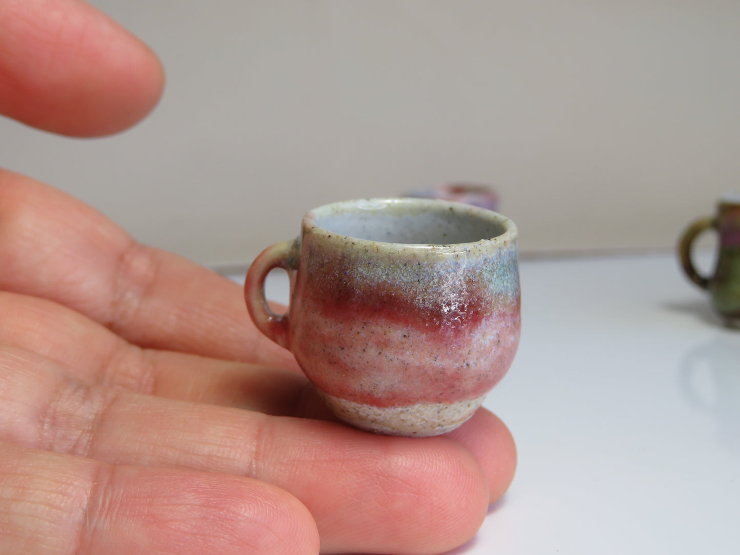 Handmade Miniature Pottery Coffee/ Tea Mugs. Turquoise & Pink Tone. Hand thrown Miniature Ceramic. Beautiful Miniature Collectibles, Dollhouse, Pendants