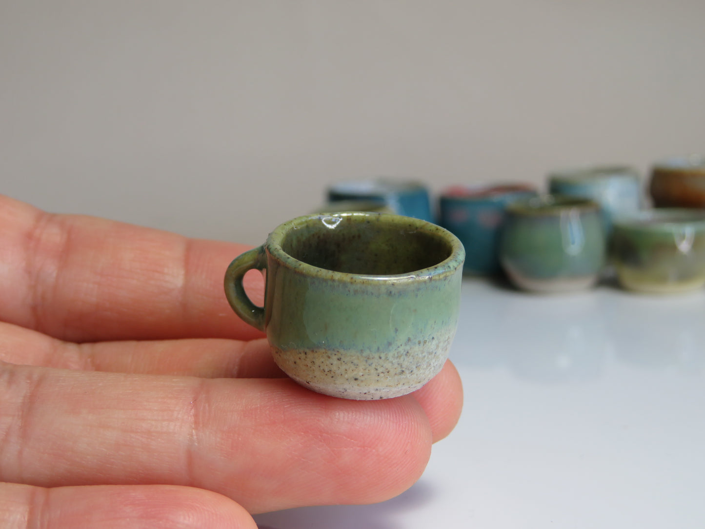 Handmade Miniature Pottery Coffee/ Tea Mugs. Blue and Green Tone. Hand thrown Miniature Ceramic. Beautiful Miniature Collectibles, Dollhouse, Pendants