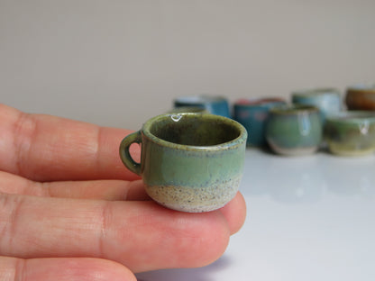 Handmade Miniature Pottery Coffee/ Tea Mugs. Blue and Green Tone. Hand thrown Miniature Ceramic. Beautiful Miniature Collectibles, Dollhouse, Pendants