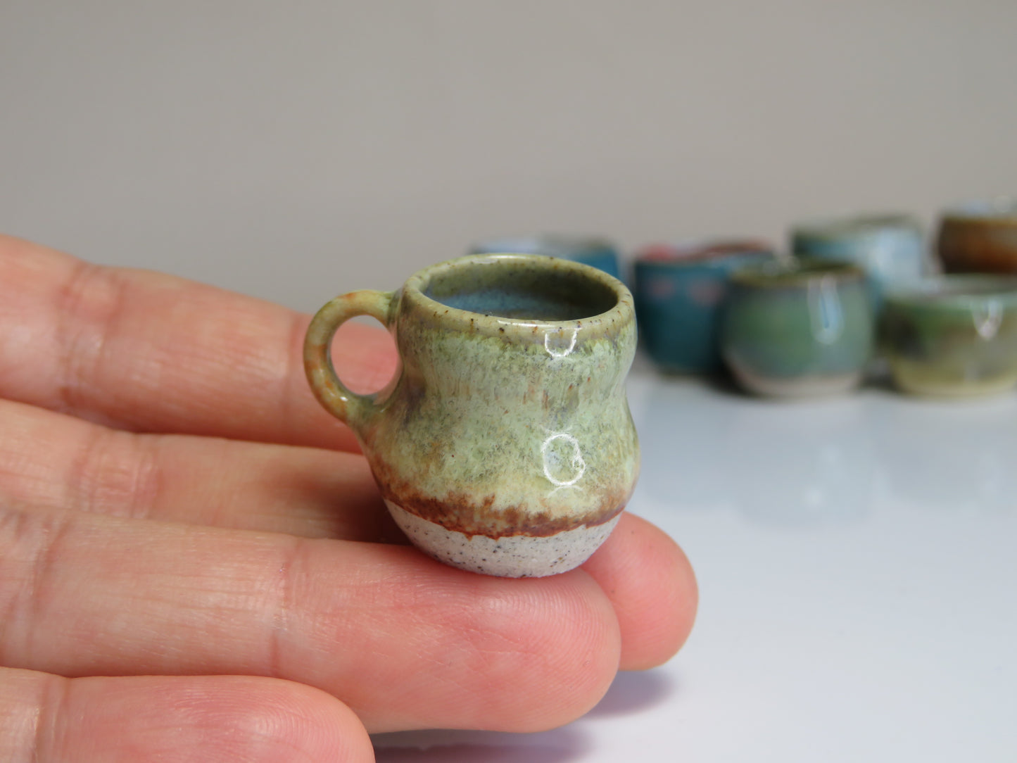 Handmade Miniature Pottery Coffee/ Tea Mugs. Blue and Green Tone. Hand thrown Miniature Ceramic. Beautiful Miniature Collectibles, Dollhouse, Pendants