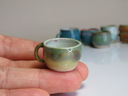 Handmade Miniature Pottery Coffee/ Tea Mugs. Blue and Green Tone. Hand thrown Miniature Ceramic. Beautiful Miniature Collectibles, Dollhouse, Pendants