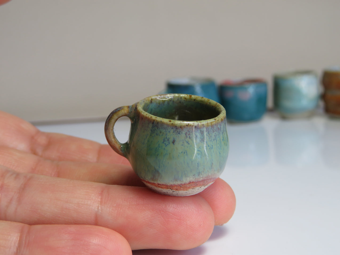 Handmade Miniature Pottery Coffee/ Tea Mugs. Blue and Green Tone. Hand thrown Miniature Ceramic. Beautiful Miniature Collectibles, Dollhouse, Pendants