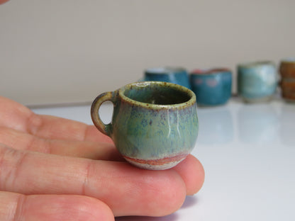 Handmade Miniature Pottery Coffee/ Tea Mugs. Blue and Green Tone. Hand thrown Miniature Ceramic. Beautiful Miniature Collectibles, Dollhouse, Pendants