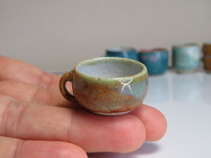 Handmade Miniature Pottery Coffee/ Tea Mugs. Blue and Green Tone. Hand thrown Miniature Ceramic. Beautiful Miniature Collectibles, Dollhouse, Pendants