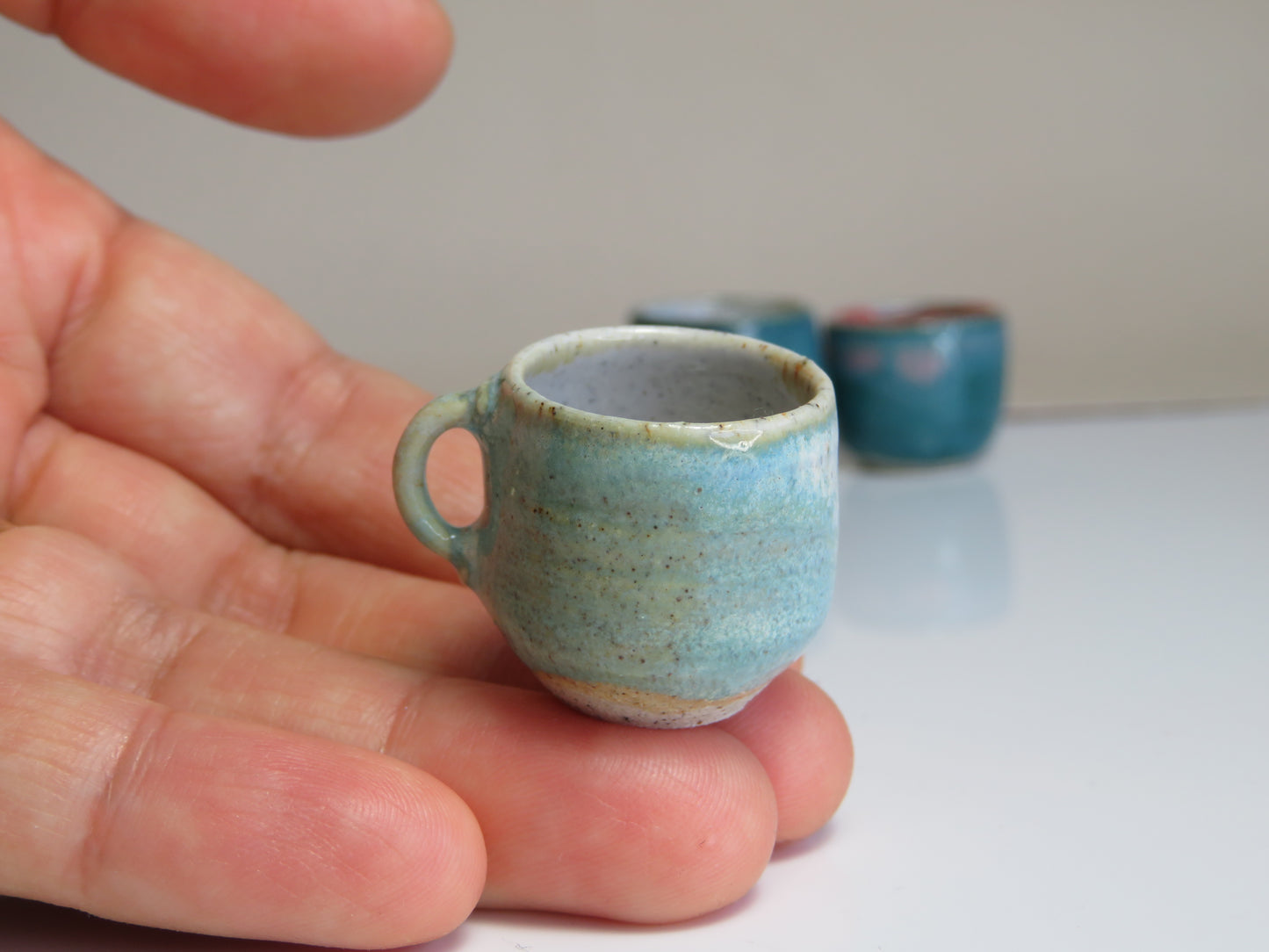Handmade Miniature Pottery Coffee/ Tea Mugs. Blue and Green Tone. Hand thrown Miniature Ceramic. Beautiful Miniature Collectibles, Dollhouse, Pendants