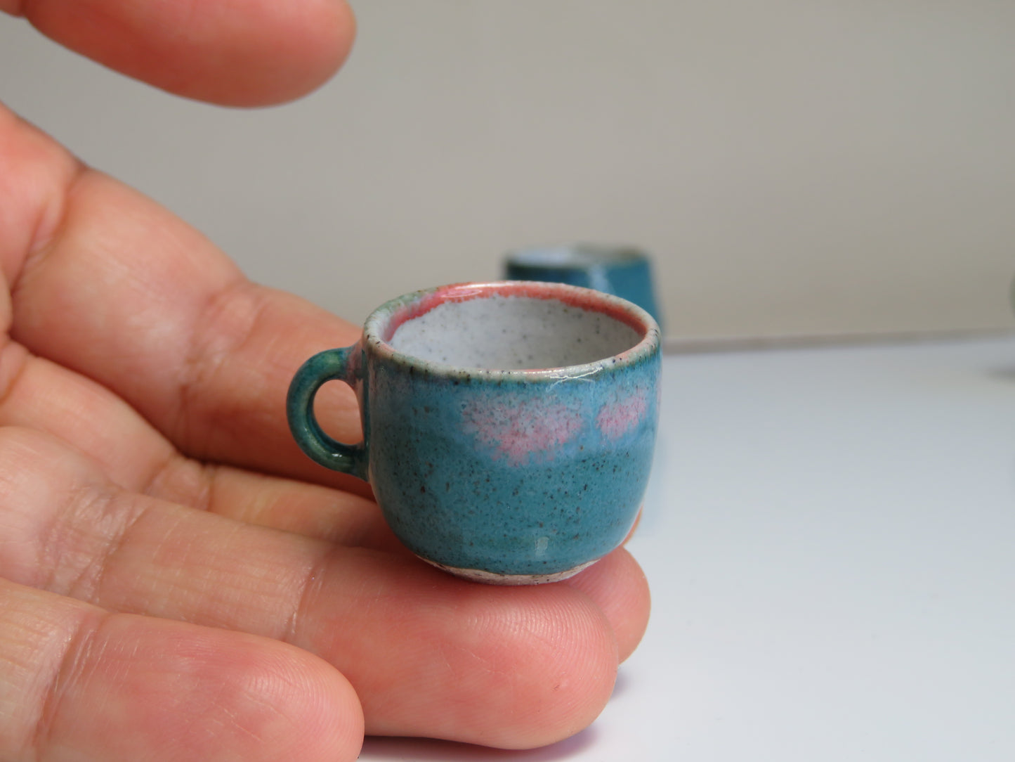 Handmade Miniature Pottery Coffee/ Tea Mugs. Blue and Green Tone. Hand thrown Miniature Ceramic. Beautiful Miniature Collectibles, Dollhouse, Pendants