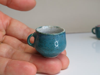 Handmade Miniature Pottery Coffee/ Tea Mugs. Blue and Green Tone. Hand thrown Miniature Ceramic. Beautiful Miniature Collectibles, Dollhouse, Pendants