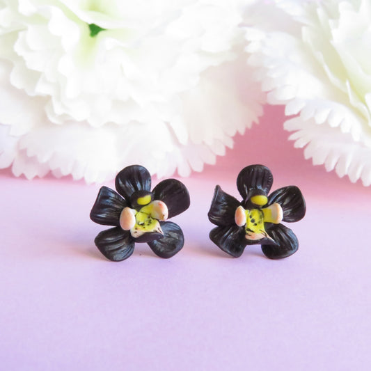 Black Orchid Flower Stud Earrings