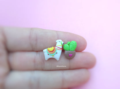 Llama and cactus pot stud earrings
