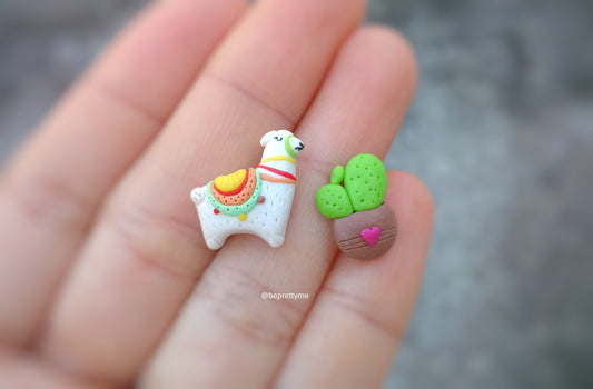 Llama and cactus pot stud earrings