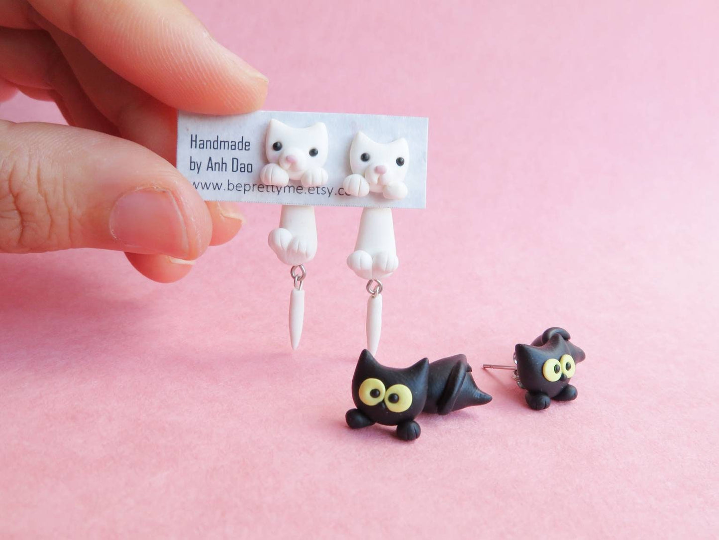 White Cat/ Black Cat Dangle Earrings
