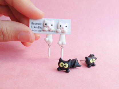 White Cat/ Black Cat Dangle Earrings