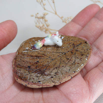Handmade Pottery Trinket Dish. Unicorn Resting on an Autumn Leaf. Jewelry Dish. Beautiful Collectibles. Handbuilt Pottery. Special Gift.