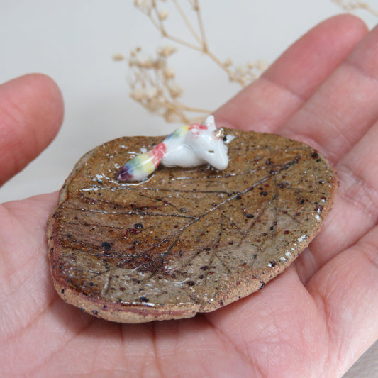 Handmade Pottery Trinket Dish. Unicorn Resting on an Autumn Leaf. Jewelry Dish. Beautiful Collectibles. Handbuilt Pottery. Special Gift.