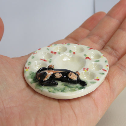 Handmade Pottery Paint Palette. Sleepy Dachshund on Grass. Ceramic Paint Dish. Beautiful Collectibles. Handbuilt Pottery. Special Gift.