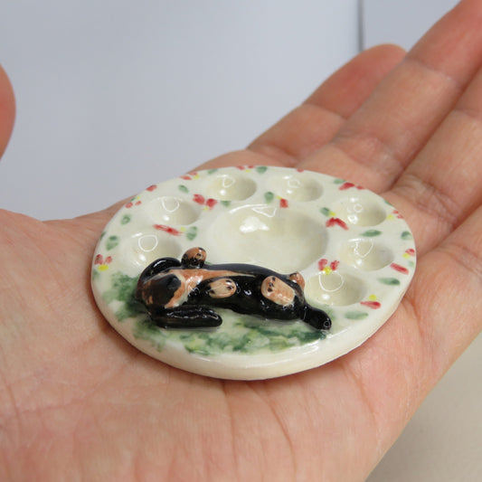 Handmade Pottery Paint Palette. Sleepy Dachshund on Grass. Ceramic Paint Dish. Beautiful Collectibles. Handbuilt Pottery. Special Gift.