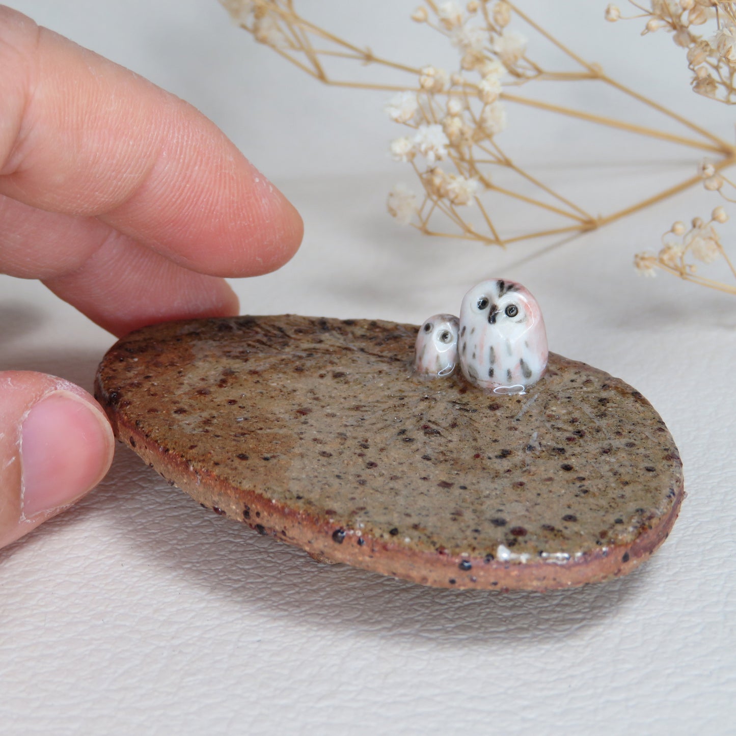 Handmade Pottery Trinket Dish. Mum and Baby Owl in Winter Forest. Jewelry Dish. Beautiful Collectibles. Hand built Pottery. Special Gift.