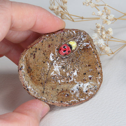 Handmade Pottery Trinket Dish. Labybug on Bloom. Jewelry Dish. Beautiful Collectibles. Handbuilt Pottery. Special Gift.