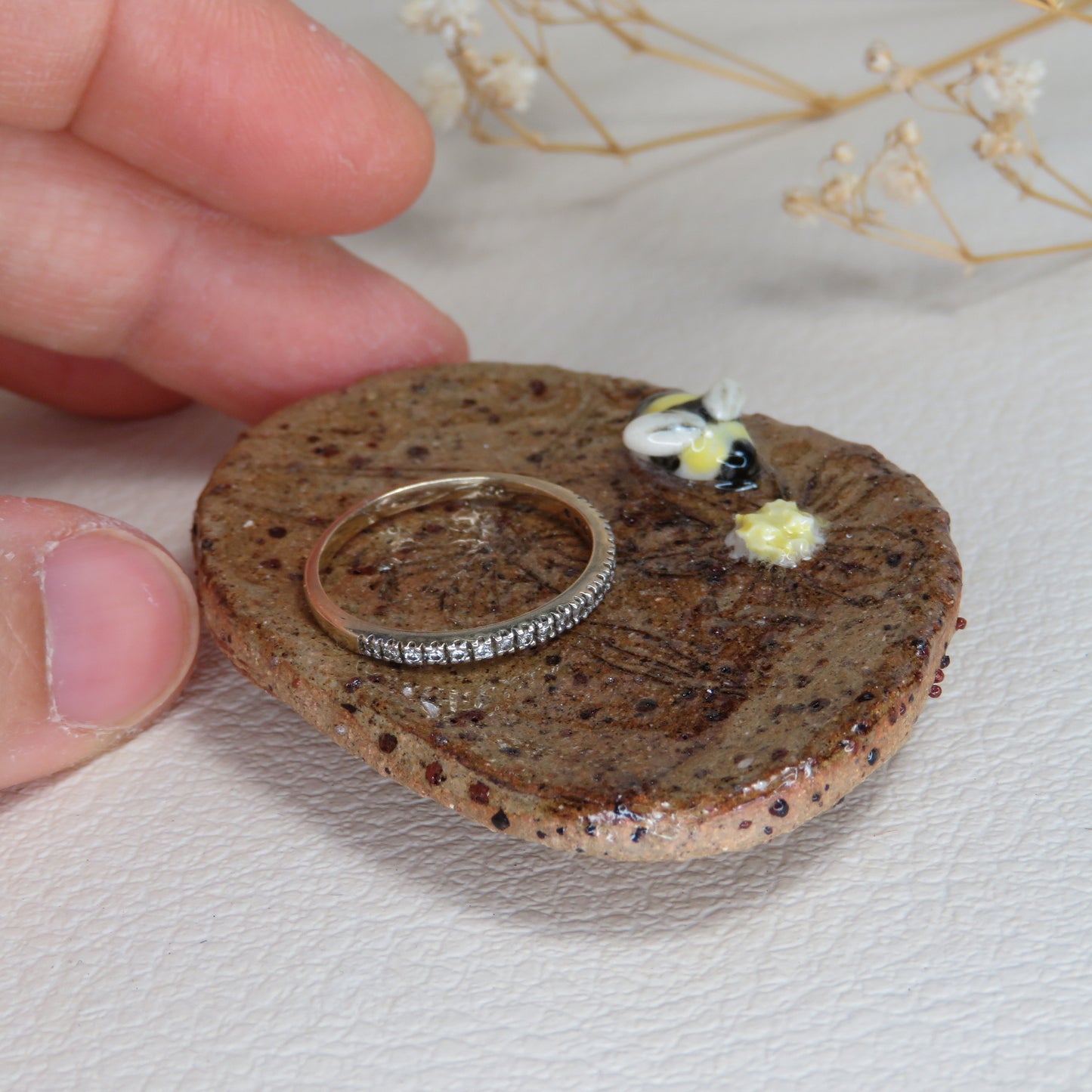 Handmade Pottery Trinket Dish. Cute Bee on Bloom. Jewelry Dish. Beautiful Collectibles. Hand built Pottery. Special Gift.