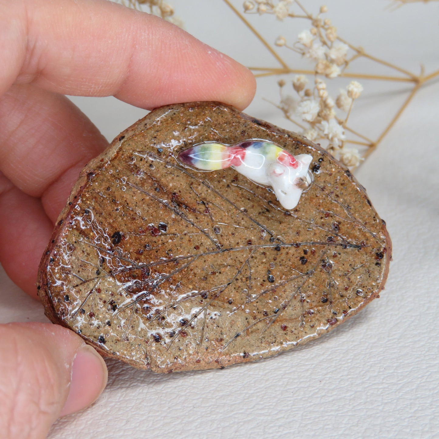 Handmade Pottery Trinket Dish. Unicorn Resting on an Autumn Leaf. Jewelry Dish. Beautiful Collectibles. Handbuilt Pottery. Special Gift.