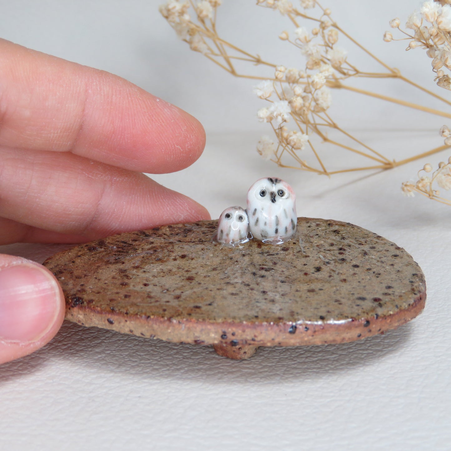 Handmade Pottery Trinket Dish. Mum and Baby Owl in Winter Forest. Jewelry Dish. Beautiful Collectibles. Hand built Pottery. Special Gift.