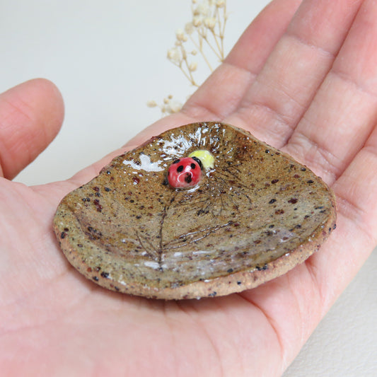 Handmade Pottery Trinket Dish. Labybug on Bloom. Jewelry Dish. Beautiful Collectibles. Handbuilt Pottery. Special Gift.