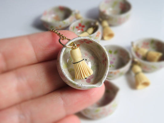 Ceramic Matcha Bowl Pendants. Green Tea Jewellery. Matcha Bowl Charms. Gift for Matcha Fan. Beautiful Miniature Collectibles