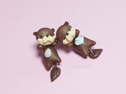 Cute Otter Dangle Earrings. Polymer Clay.  Stainless Steel. Best gift for animal lovers.