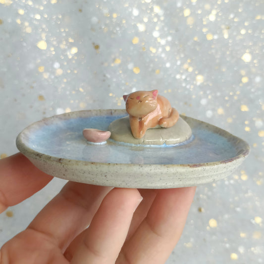 Cat on Pillow Ceramic Trinket Dish. Incense Dish. Handmade Pottery. Beautiful Collectibles. Special Gift for Loved Ones