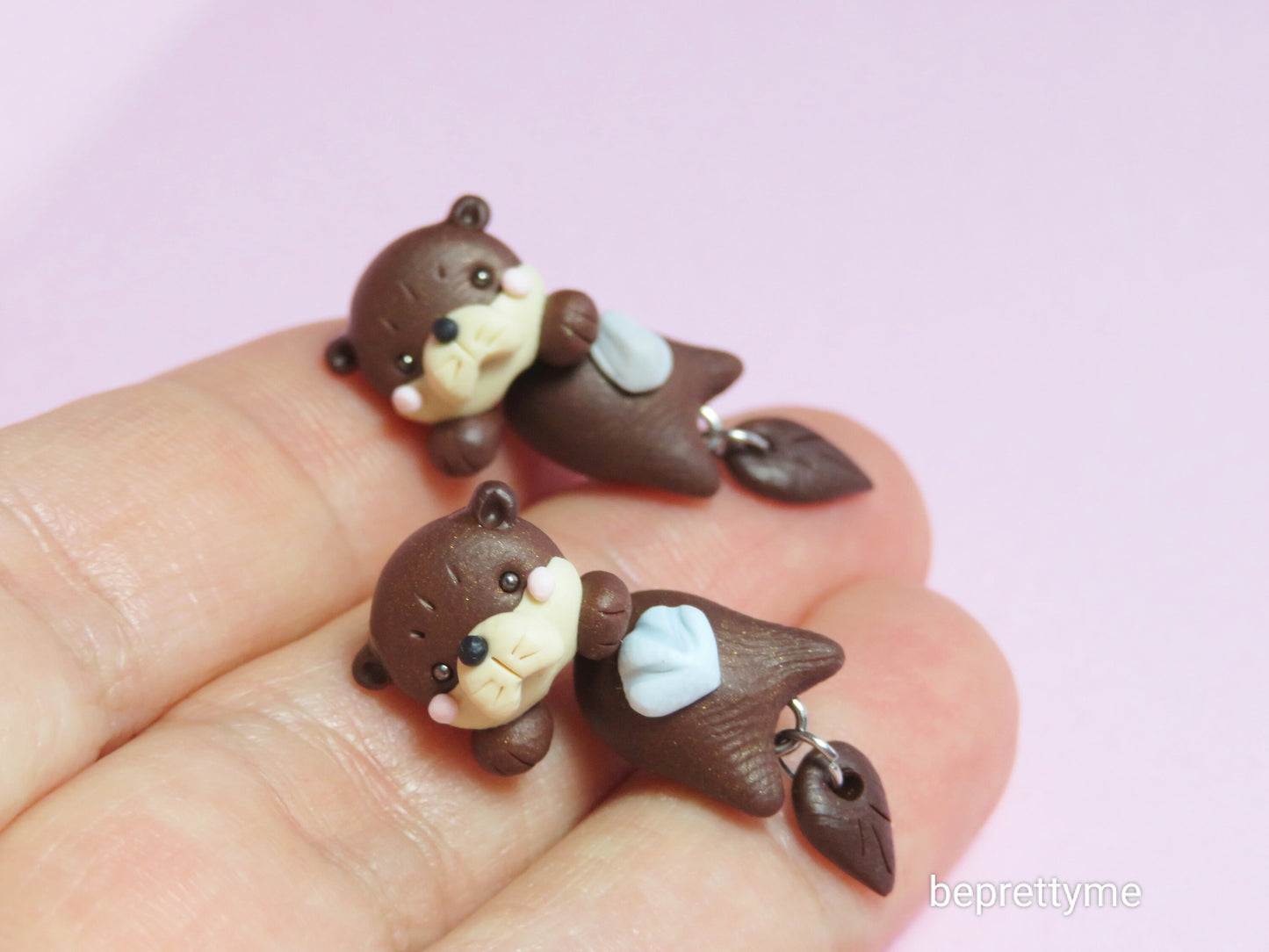 Cute Otter Dangle Earrings. Polymer Clay.  Stainless Steel. Best gift for animal lovers.