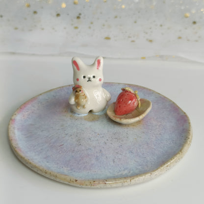 Cute Strawberry Bunny Ceramic Trinket Dish. Incense Dish. Handmade Pottery. Beautiful Collectibles. Special Gift for Loved Ones