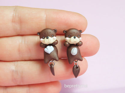Cute Otter Dangle Earrings. Polymer Clay.  Stainless Steel. Best gift for animal lovers.
