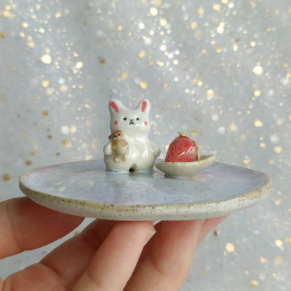 Cute Strawberry Bunny Ceramic Trinket Dish. Incense Dish. Handmade Pottery. Beautiful Collectibles. Special Gift for Loved Ones